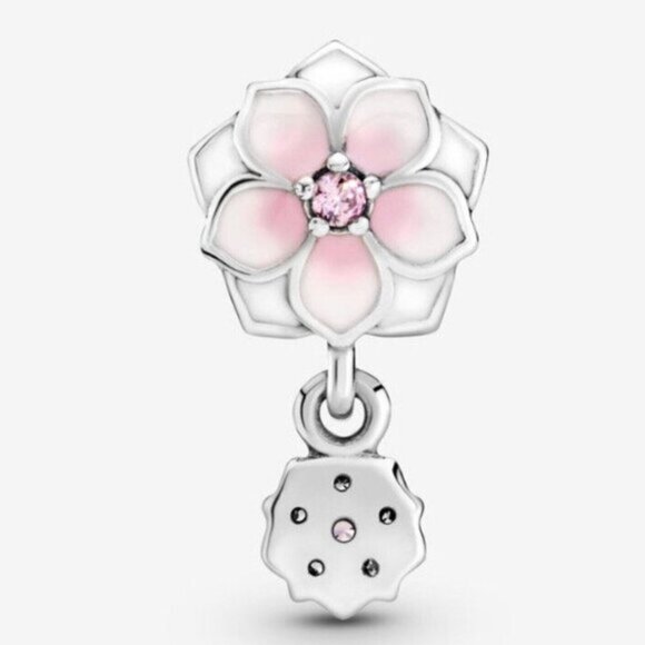Sterling Silver Magnolia Bloom Charm Dangle with Cubic Zirconias - Picture 3 of 3